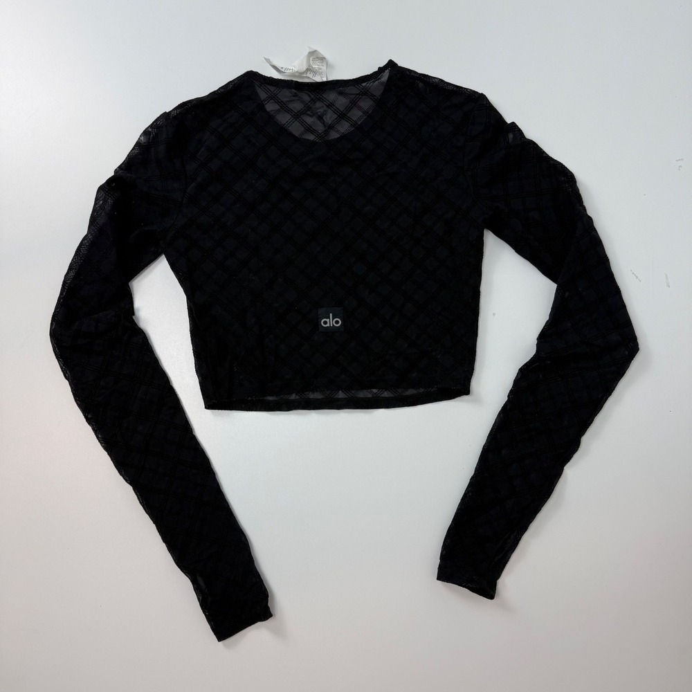 Alo Yoga Womens Black Sheer Mesh Diamond Lattice Long Sleeve Crop Top XS
